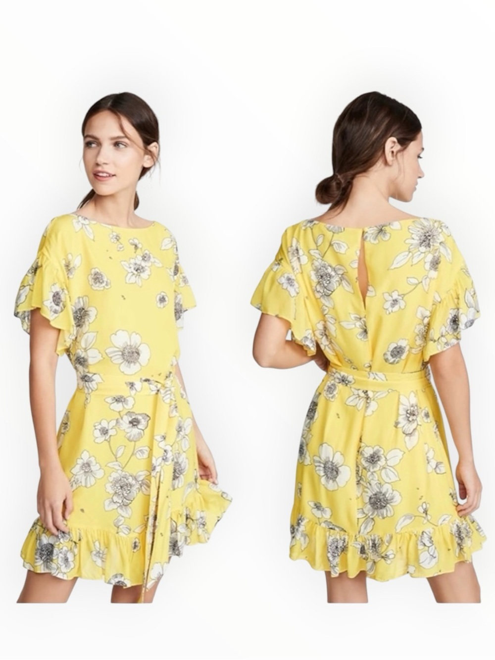 ALICE + OLIVIA Ellamae Flutter-Sleeve Floral Dress Yellow Mini Sundress Sun M